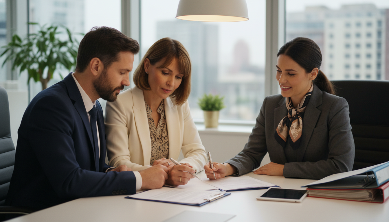 Casal revisando contrato de Pacto Antenupcial com consultoria jurídica.