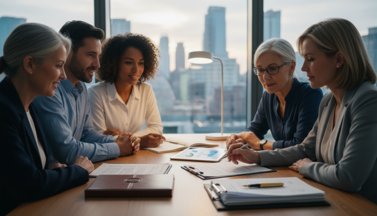 Família com consultor para planejamento patrimonial, documentos e tablet
