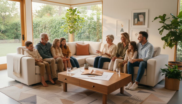 Família reunida tranquilamente em casa, discutindo planejamento de herança. Ambiente calmo, com documentos sobre a mesa.