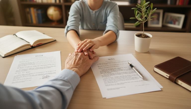 Mãos de avós, pais e filhos sobre documentos de planejamento, representando a importância do planejamento sucessório para a família.