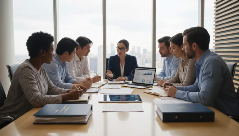 Grupo de herdeiros com advogado, discutindo documentos de inventário judicial para acelerar o processo e evitar demoras.