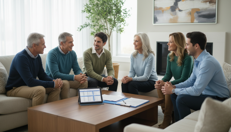 Família sorrindo, discutindo planejamento sucessório com documentos, representando segurança e futuro planejado.