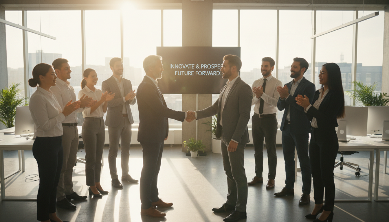 Dois líderes, um sênior e um júnior, apertando as mãos em um escritório moderno, simbolizando uma transição de liderança bem-sucedida e planejamento de sucessão eficaz.