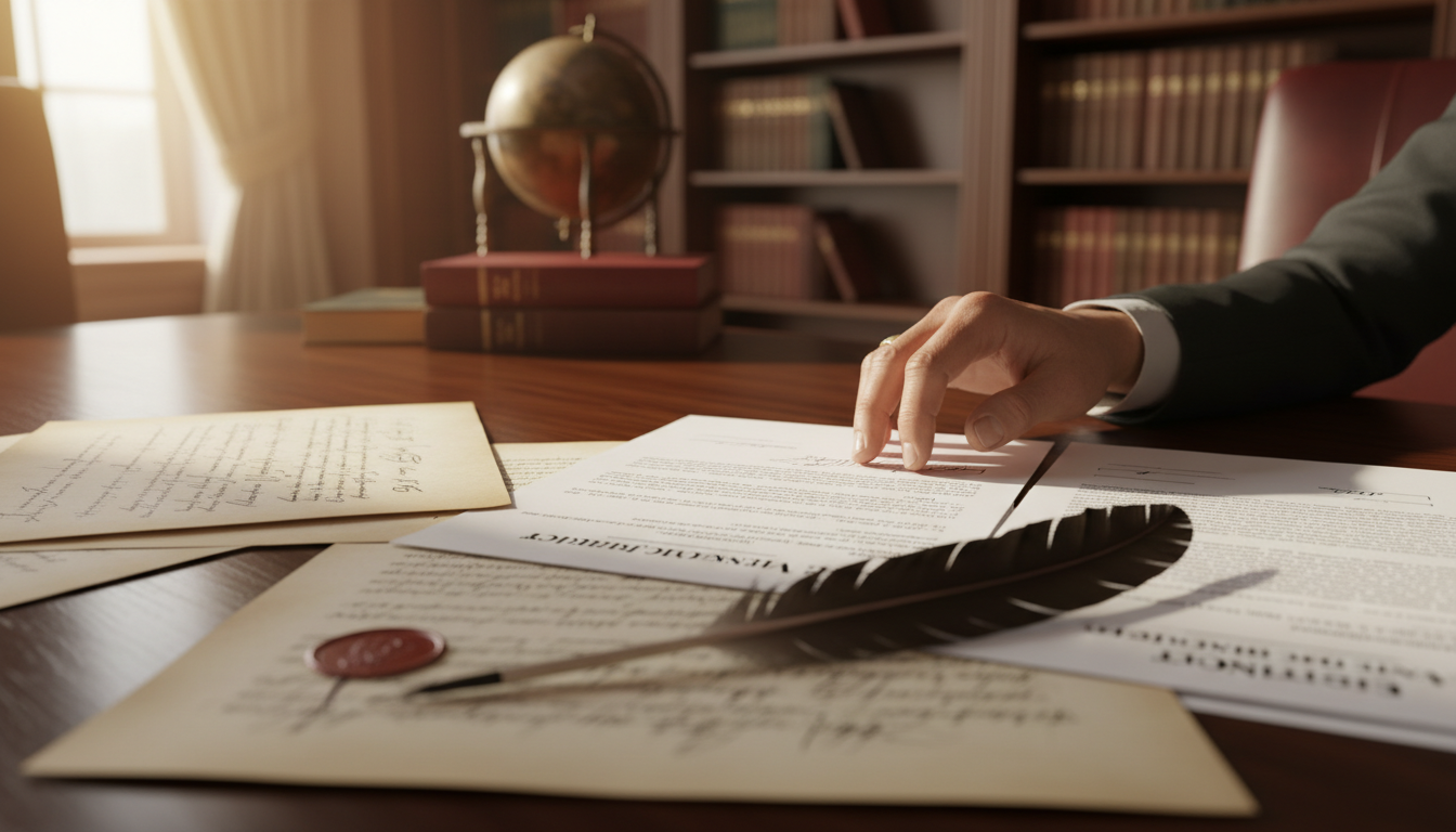 Mãos sobre documentos legais de doação, simbolizando o processo e a transferência de bens em vida.