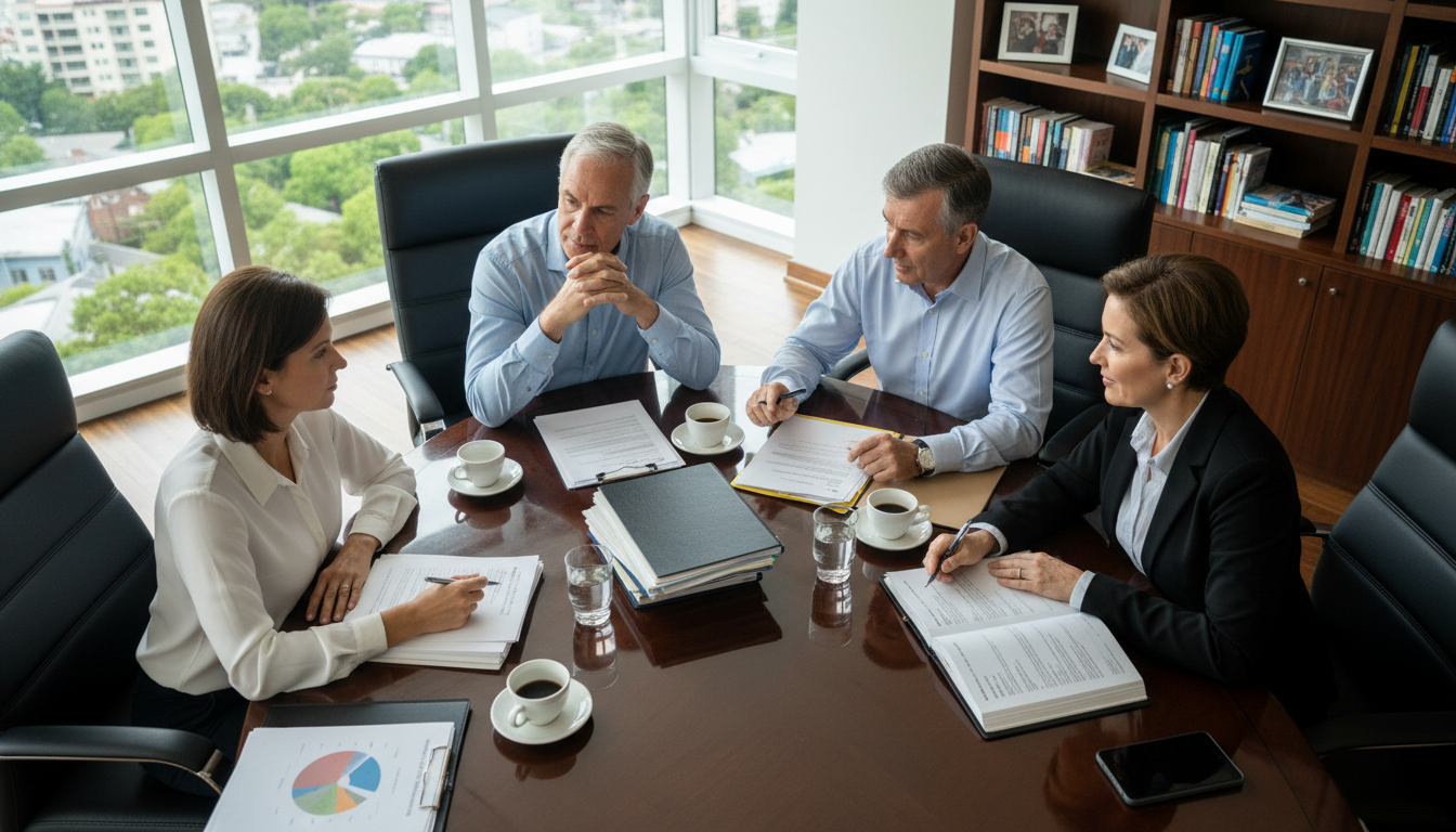 Família e consultores discutindo planejamento sucessório, evitando erros e protegendo o legado familiar.