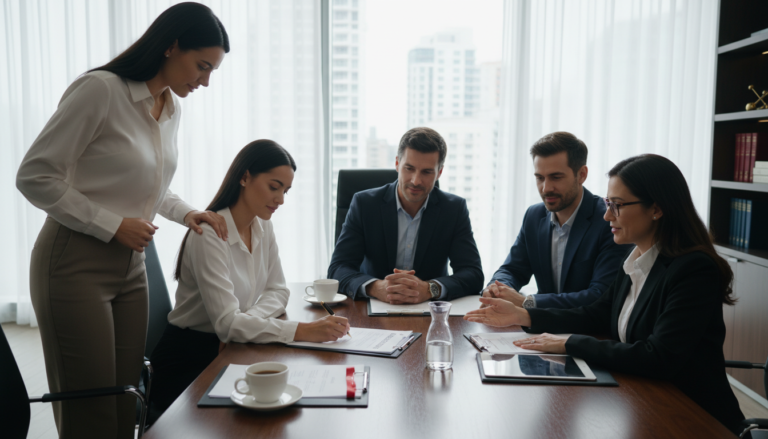 Família e advogado assinando documentos de inventário extrajudicial em cartório