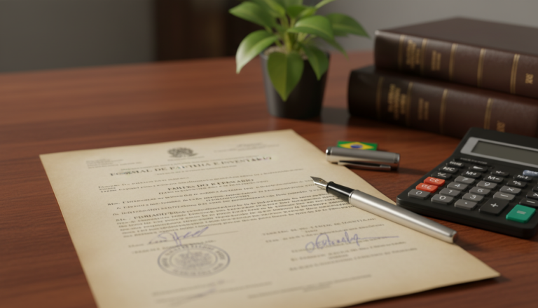 Documentos de inventário judicial, caneta e calculadora em mesa de escritório